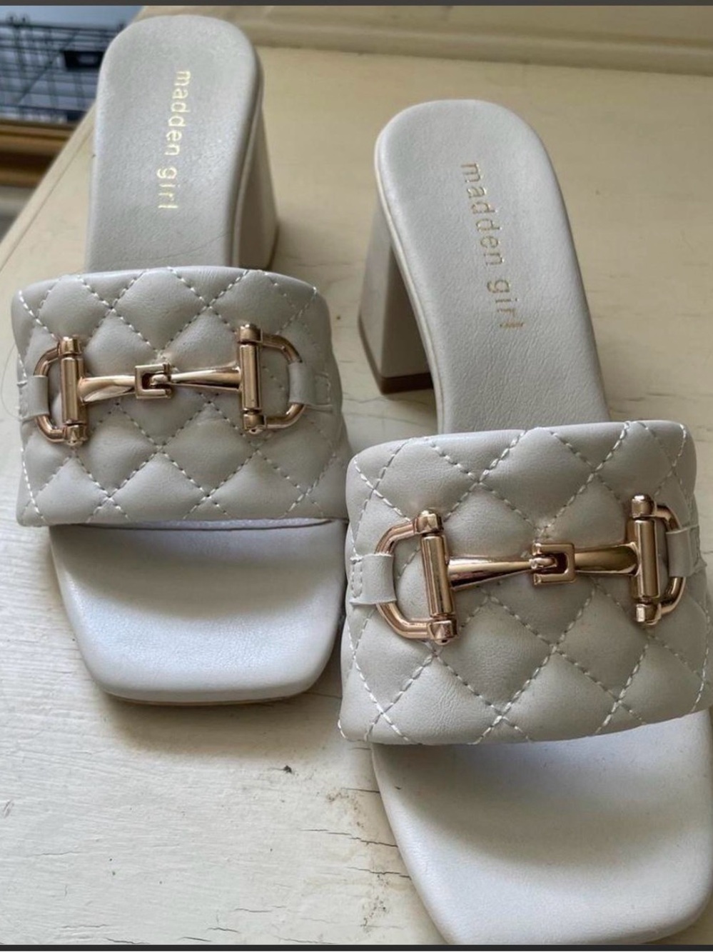 Madden Girl Quilted Ivory Slide Mules with Gold Hardware